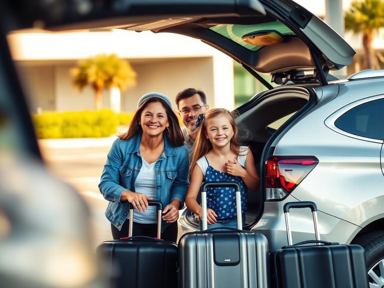 Família recebendo o carro com as malas no aeroporto