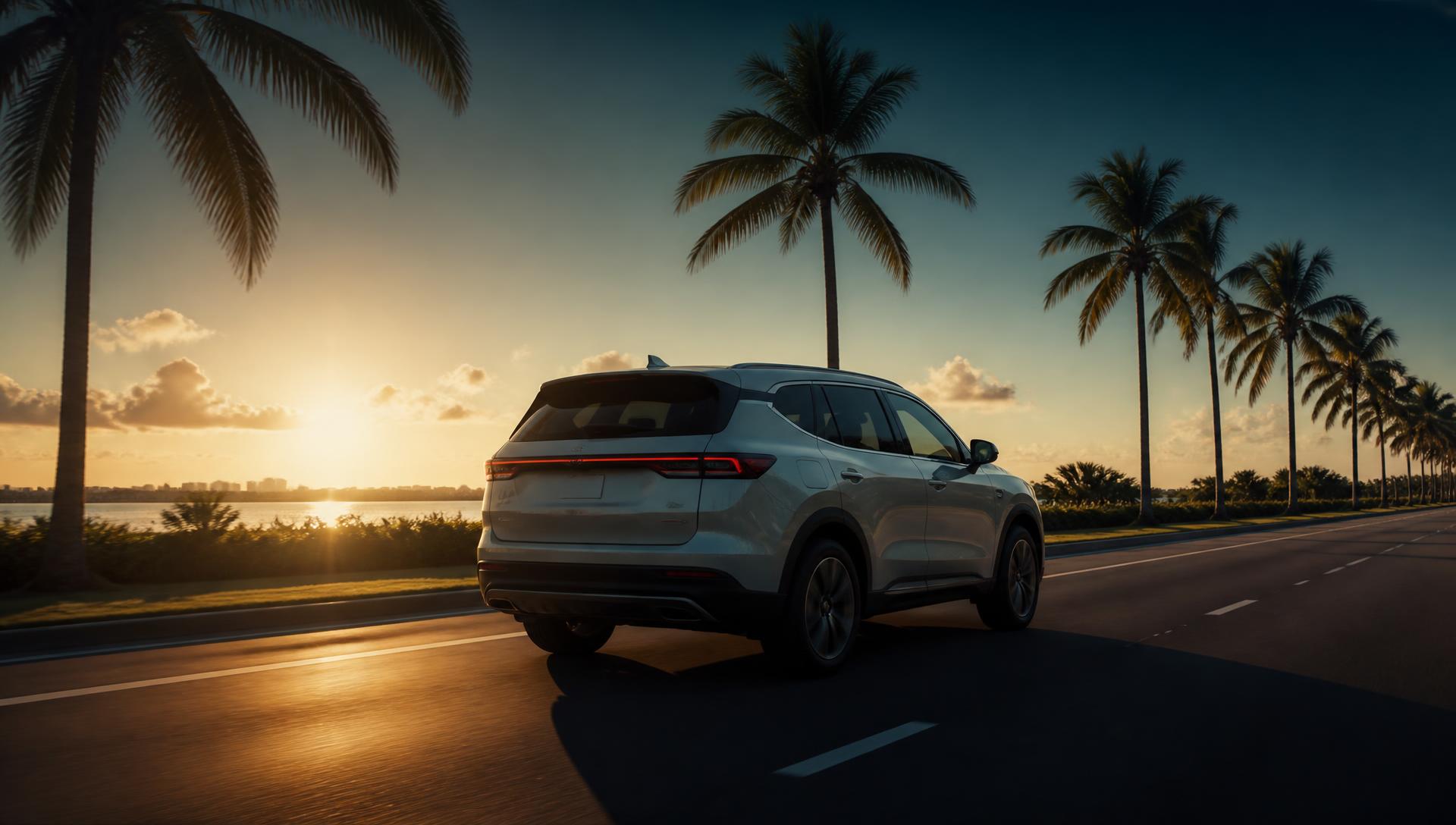 SUV em estrada da Flórida entre palmeiras ao pôr do sol